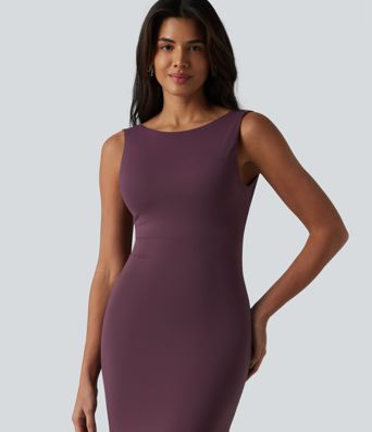 Boat Neck Built-in Bra Sleeveless Midi Dress
