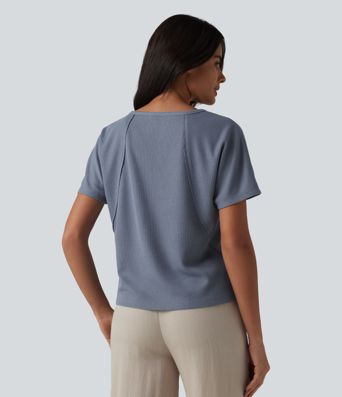 Sweetheart Neck Short Sleeve Waffle Casual T-Shirt