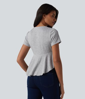 Ribbed Knit V Neck Short Sleeve Ruffle Hem Casual Babydoll T-Shirt