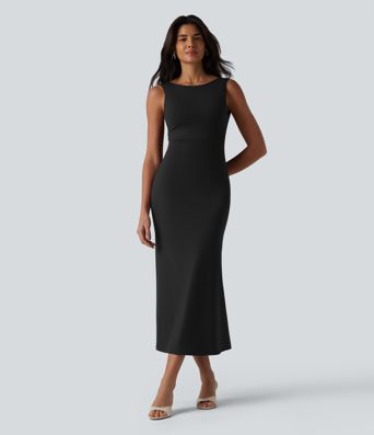 Boat Neck Built-in Bra Sleeveless Midi Dress