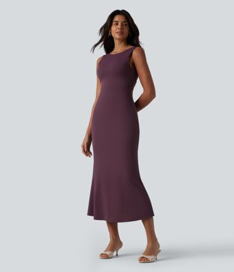 Boat Neck Built-in Bra Sleeveless Midi Dress