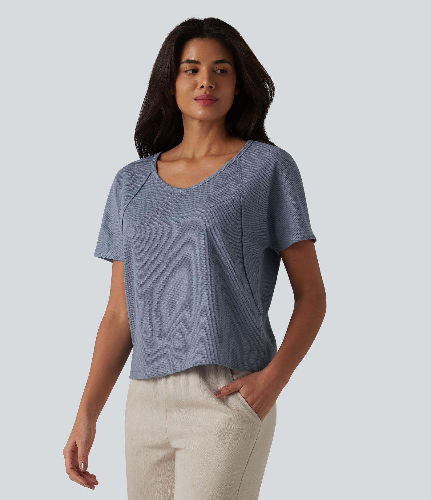 Sweetheart Neck Short Sleeve Waffle Casual T-Shirt