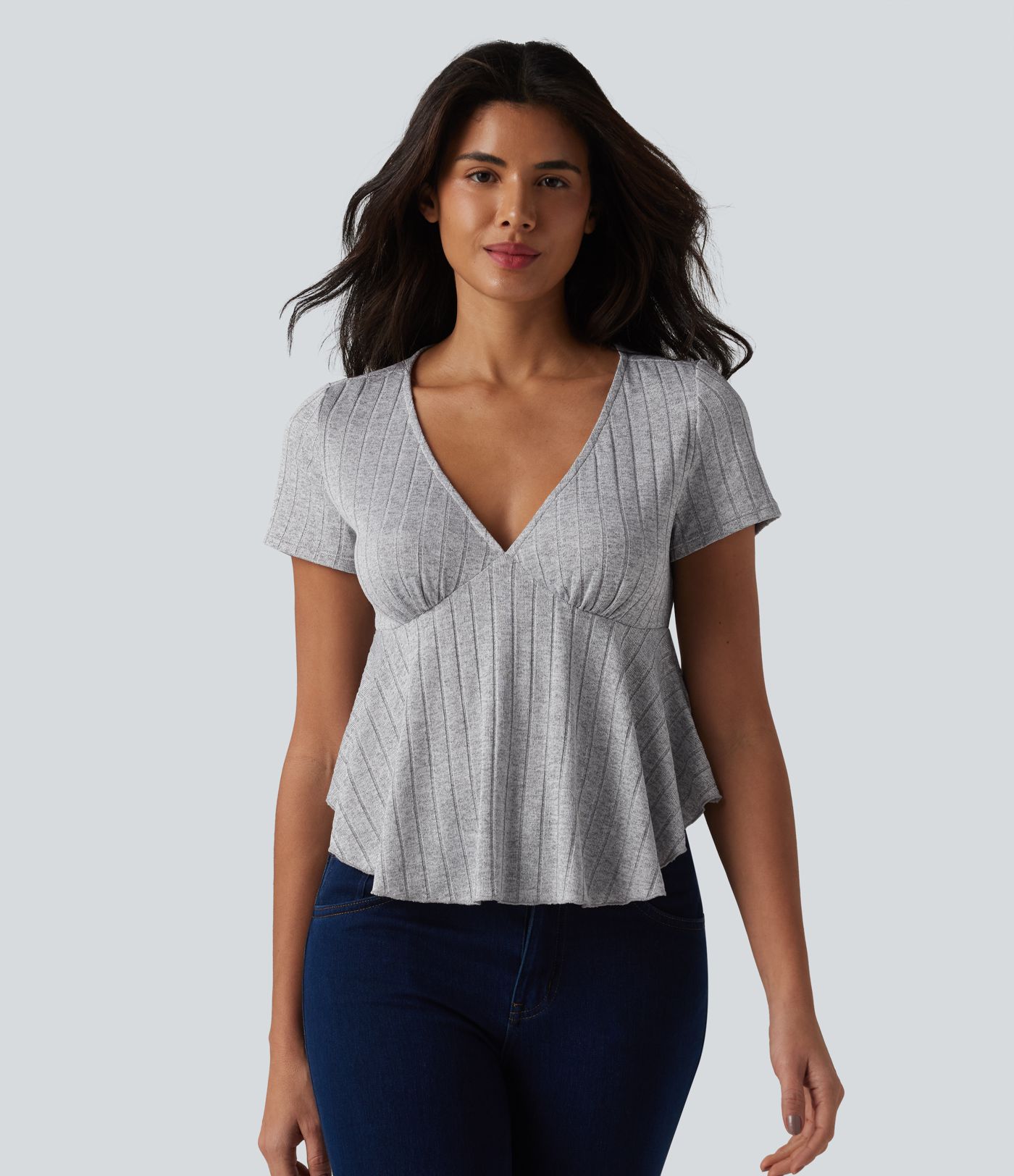 Ribbed Knit V Neck Short Sleeve Ruffle Hem Casual Babydoll T-Shirt