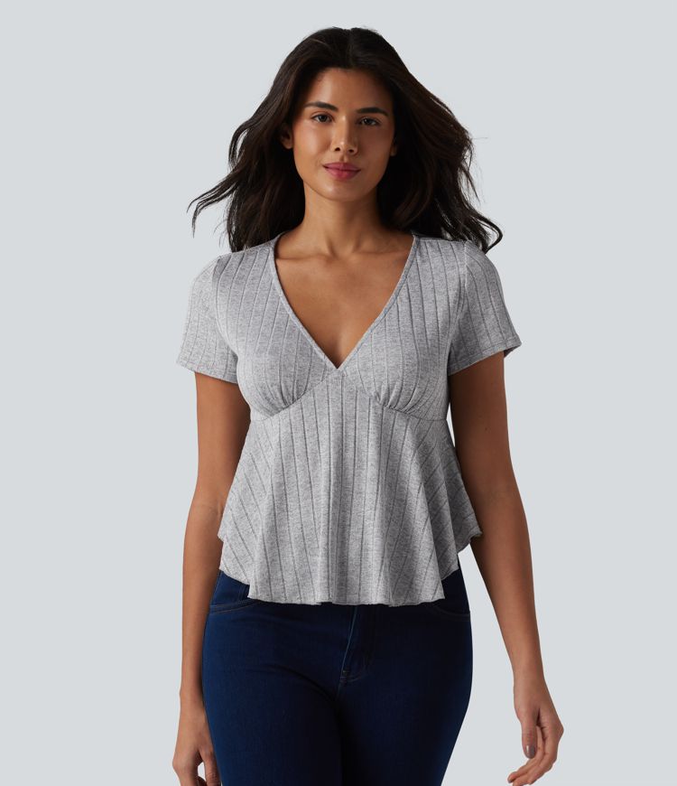 Ribbed Knit V Neck Short Sleeve Ruffle Hem Casual Babydoll T-Shirt