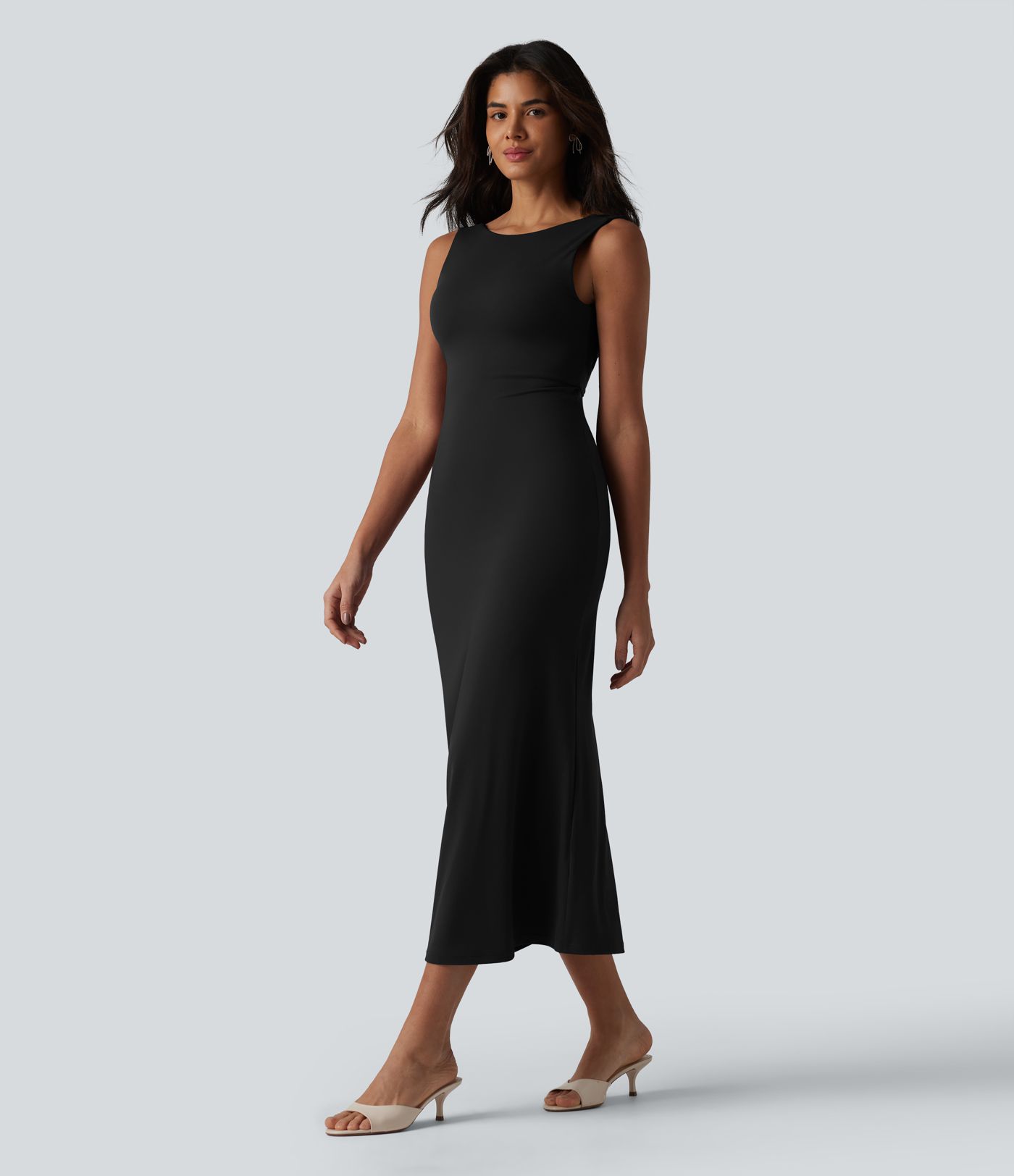 Boat Neck Built-in Bra Sleeveless Midi Dress