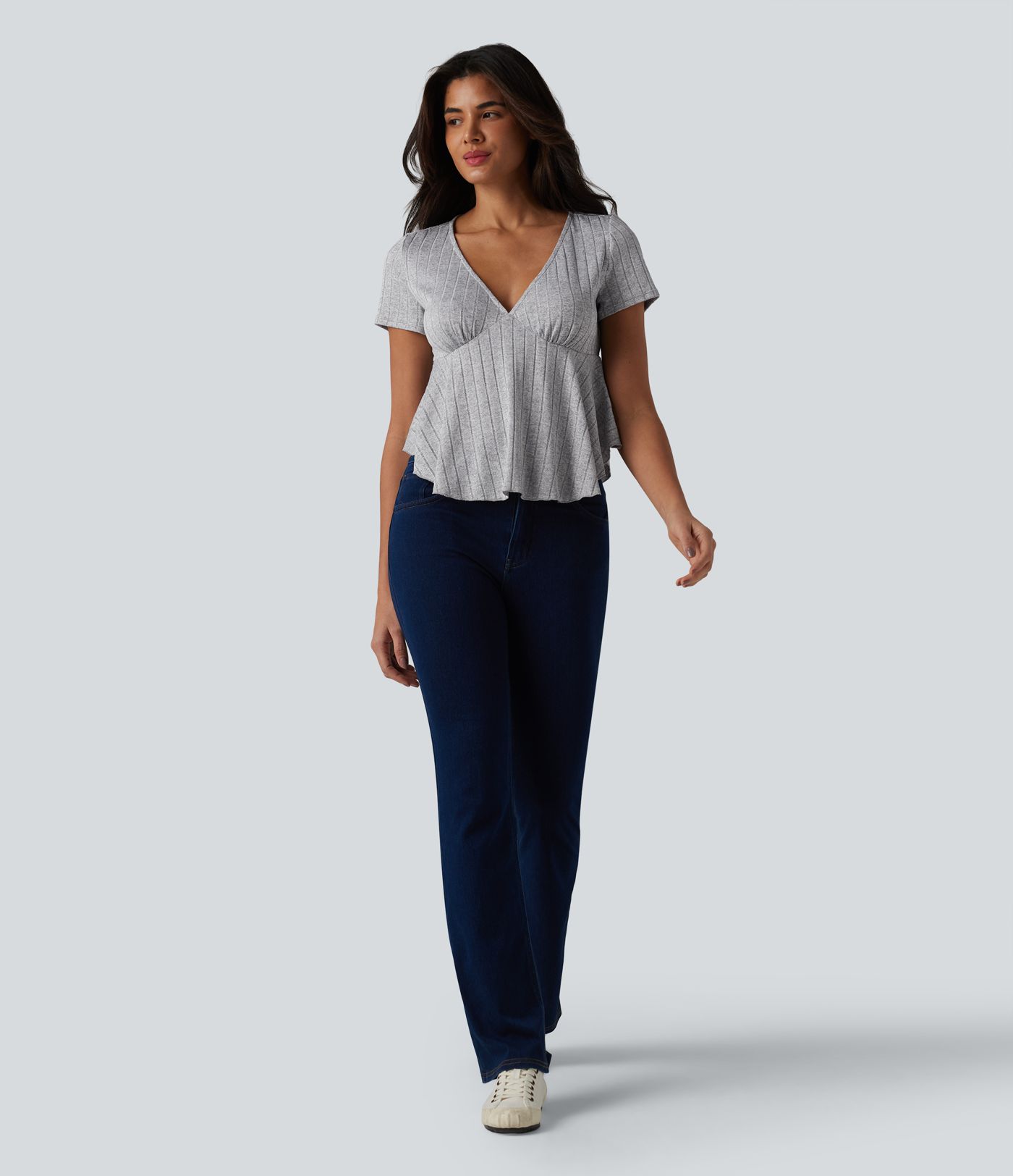 Ribbed Knit V Neck Short Sleeve Ruffle Hem Casual Babydoll T-Shirt