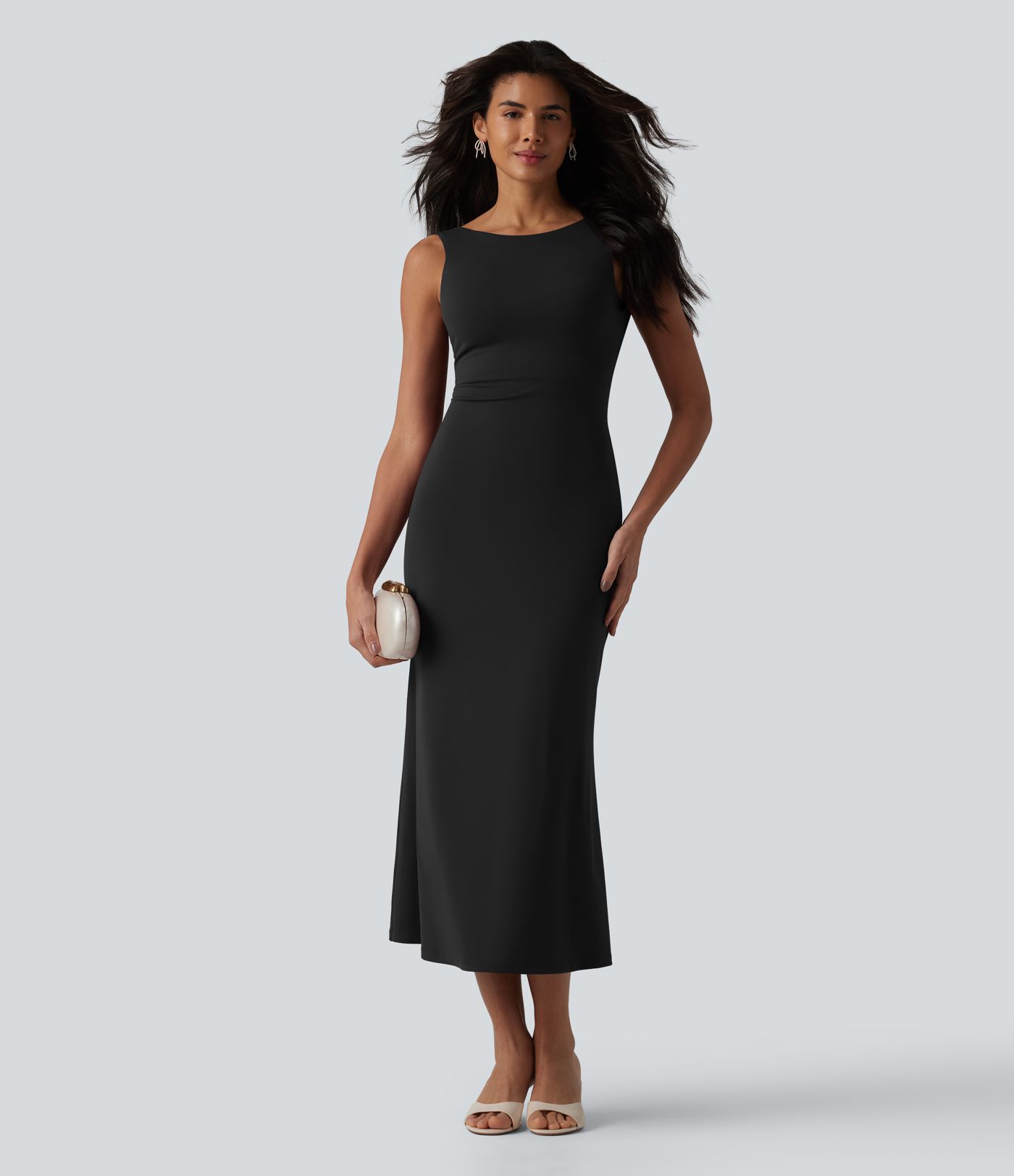 Boat Neck Built-in Bra Sleeveless Midi Dress