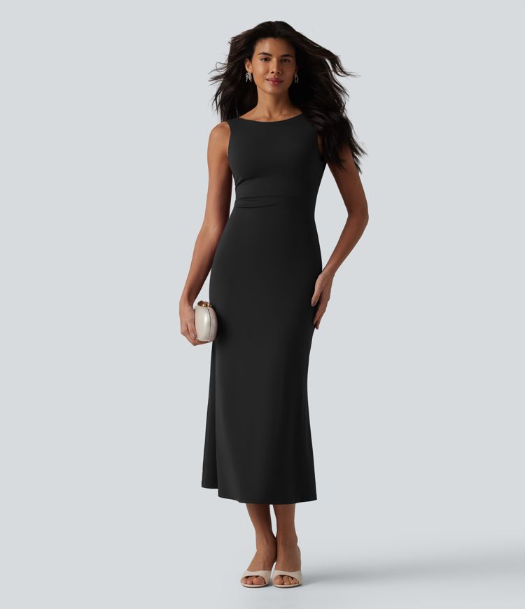 Boat Neck Built-in Bra Sleeveless Midi Dress