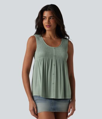 Round Neck Shirred Draped Casual Tank Top