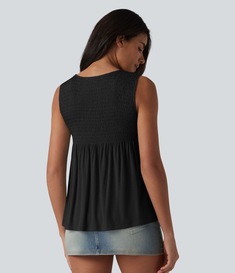 Round Neck Shirred Draped Casual Tank Top
