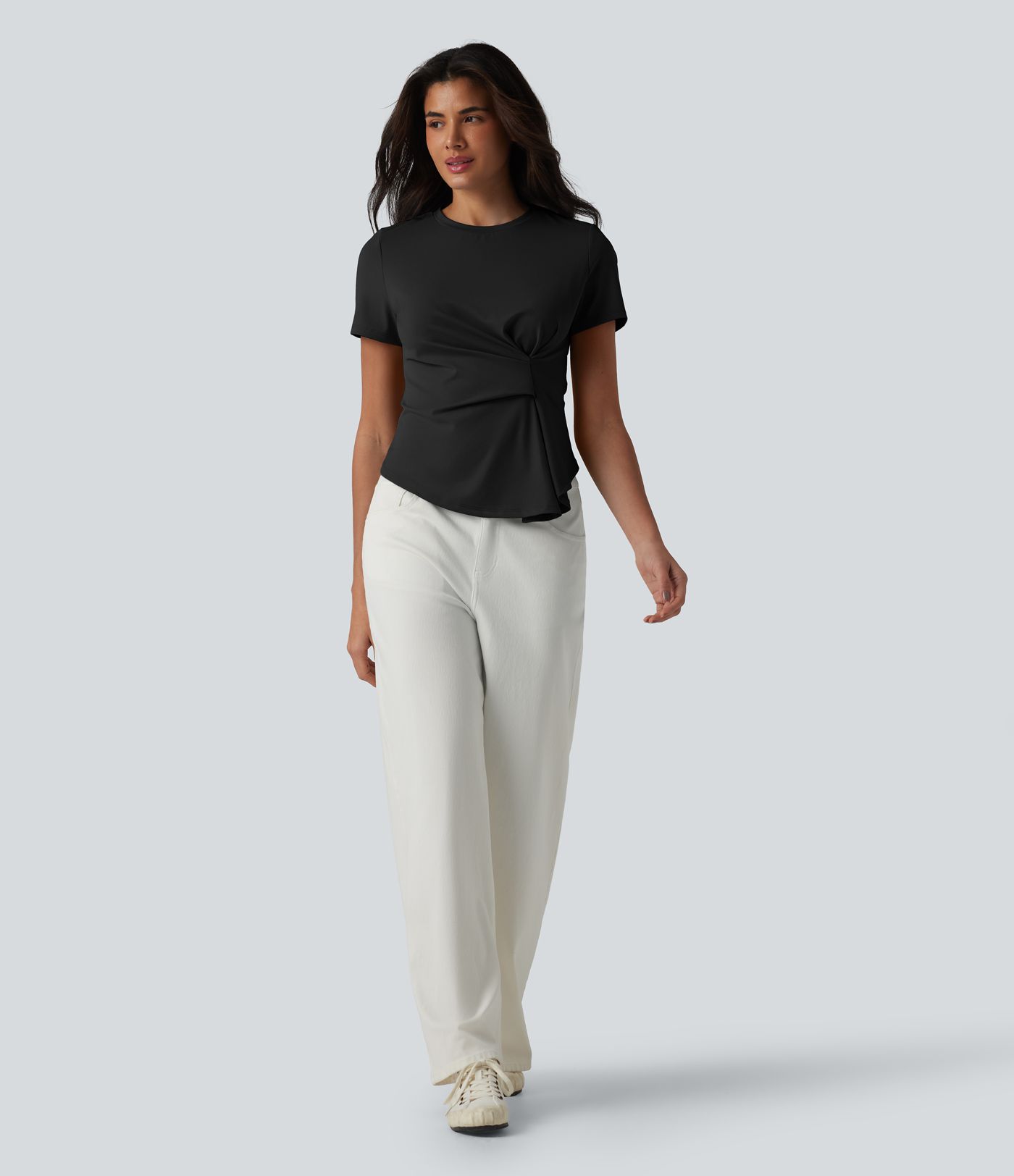 Round Neck Short Sleeve Ruched Asymmetric Hem Casual T-Shirt