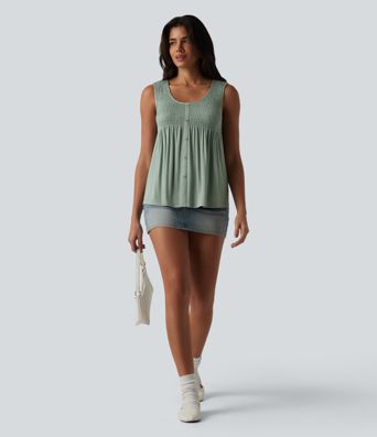 Round Neck Shirred Draped Casual Tank Top
