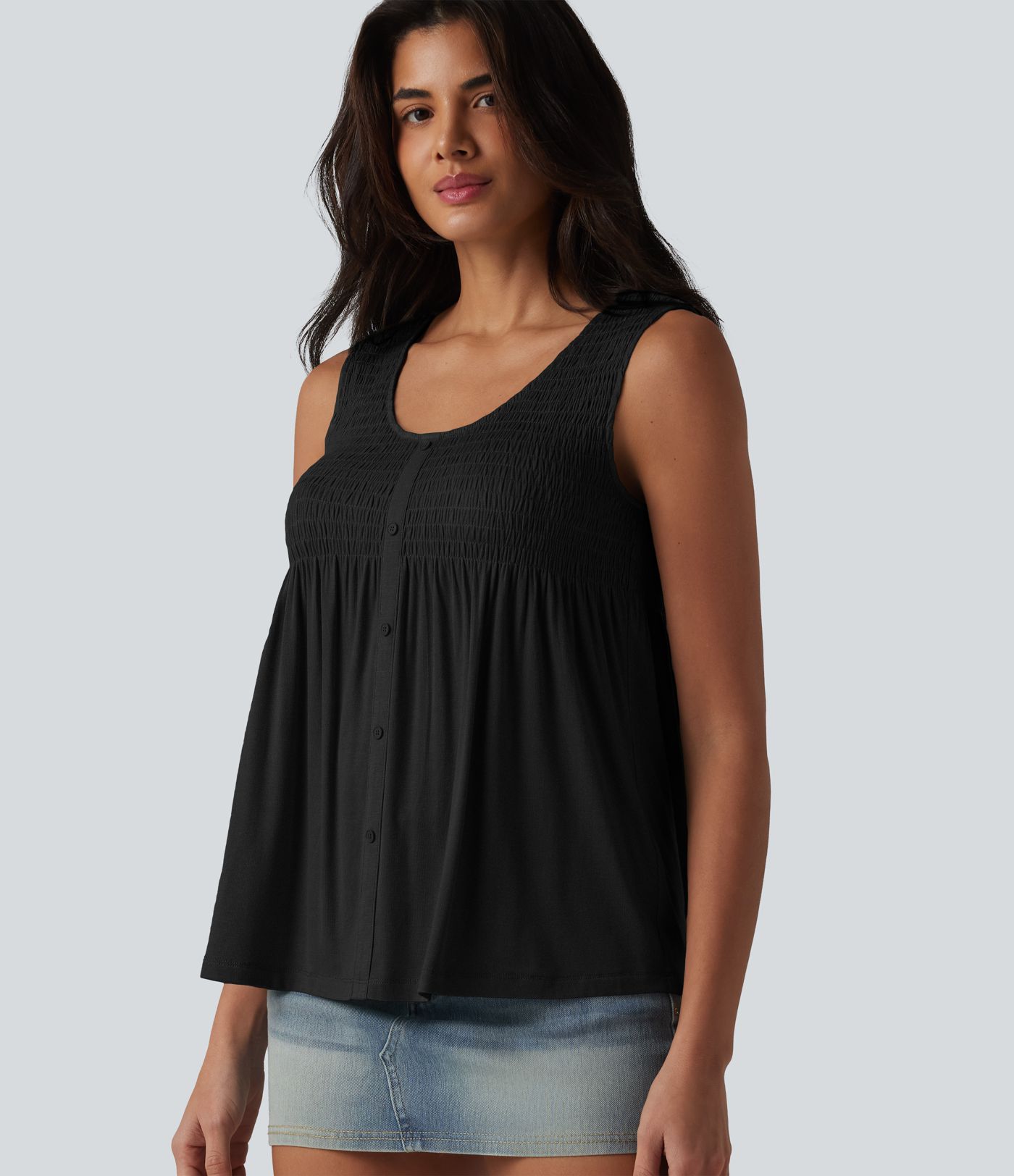 Round Neck Shirred Draped Casual Tank Top