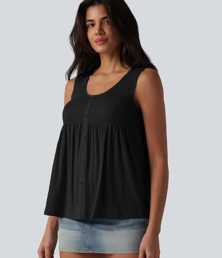 Round Neck Shirred Draped Casual Tank Top