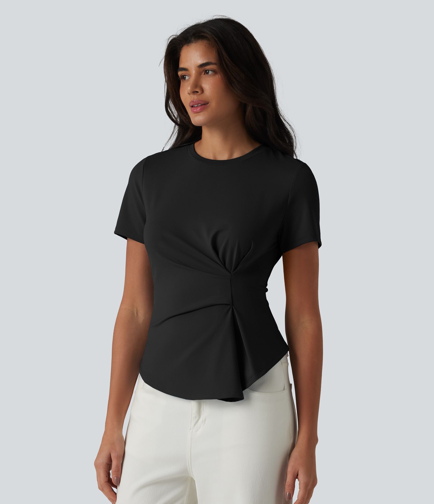 Round Neck Short Sleeve Ruched Asymmetric Hem Casual T-Shirt