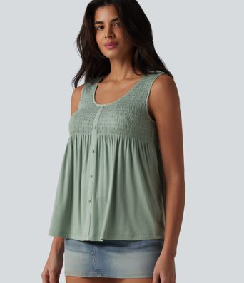 Round Neck Shirred Draped Casual Tank Top