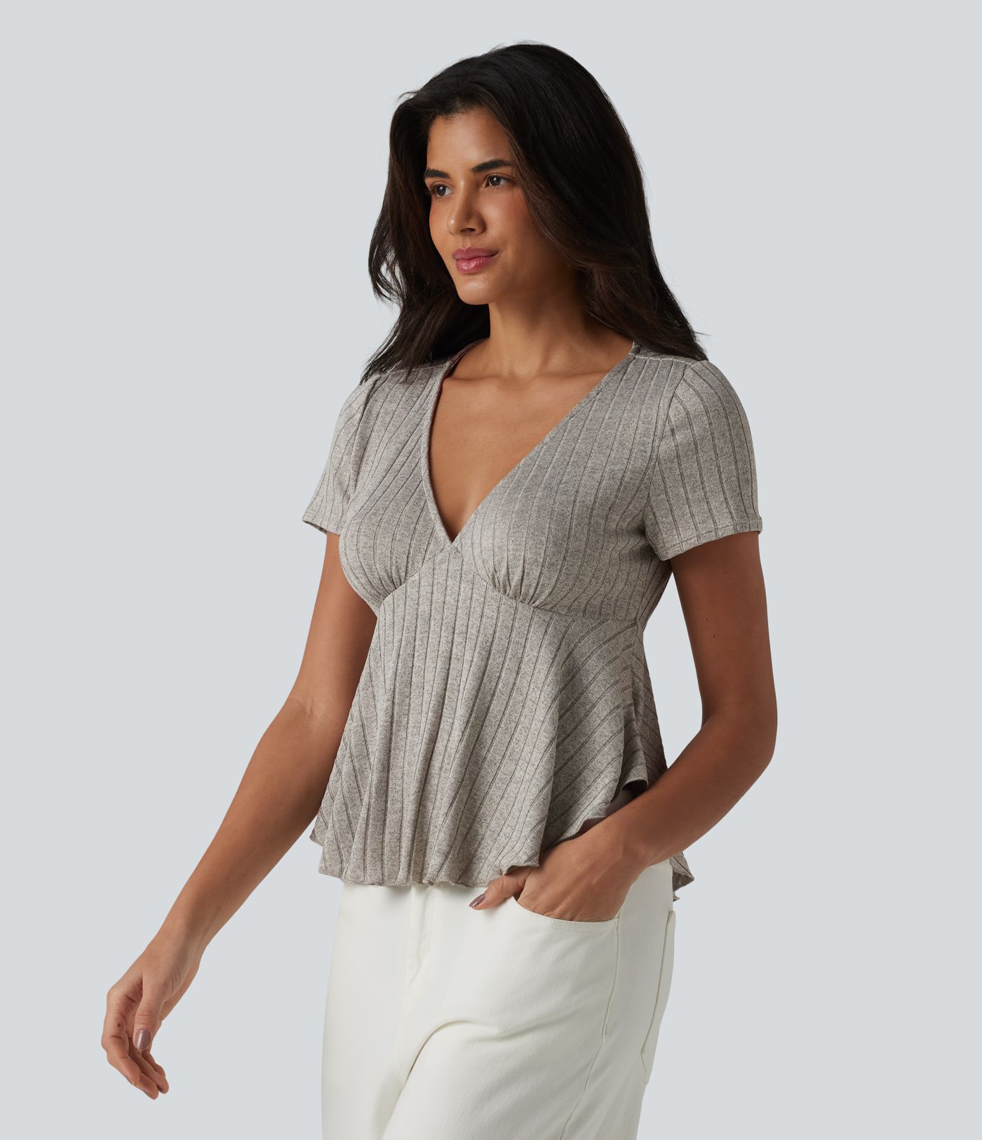 Ribbed Knit V Neck Short Sleeve Ruffle Hem Casual Babydoll T-Shirt