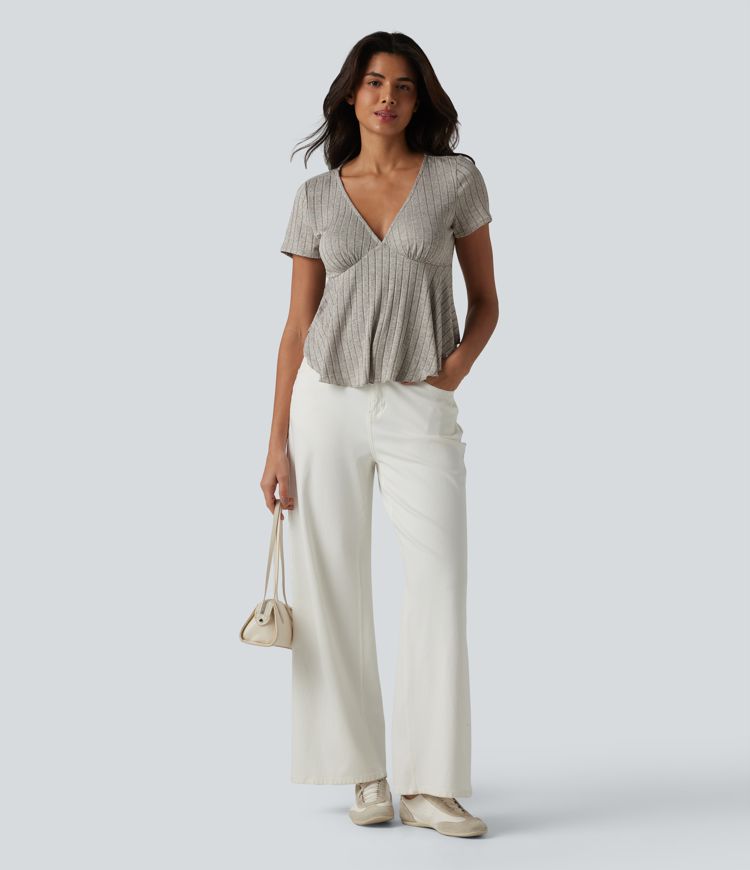 Ribbed Knit V Neck Short Sleeve Ruffle Hem Casual Babydoll T-Shirt