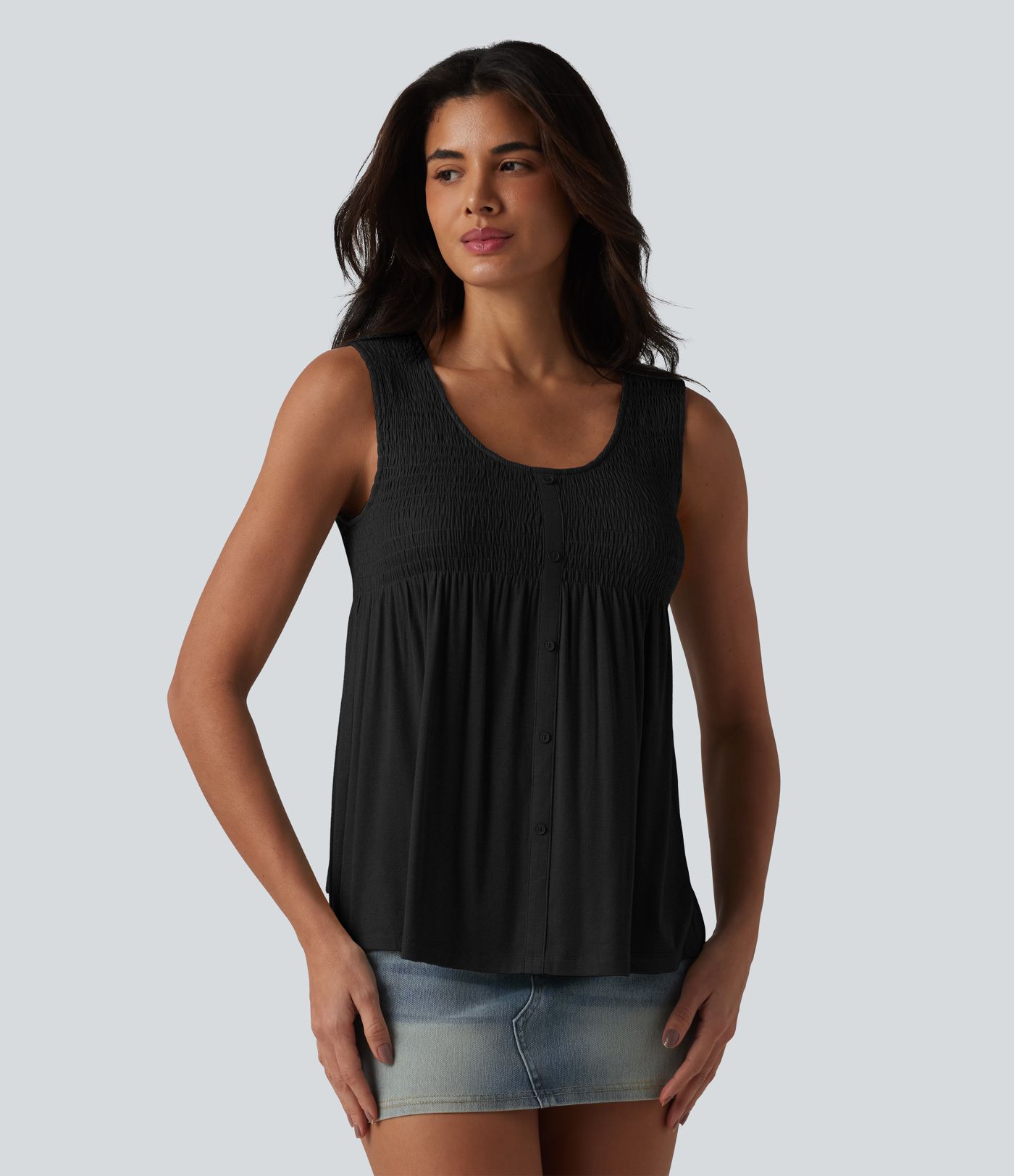 Round Neck Shirred Draped Casual Tank Top