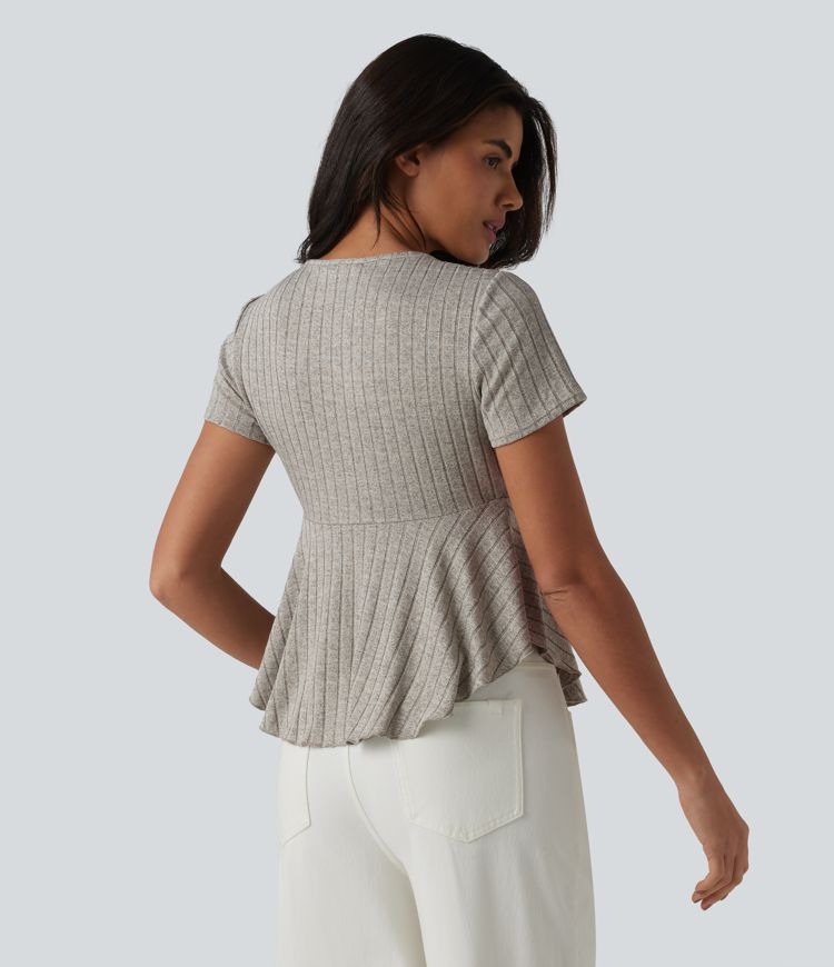 Ribbed Knit V Neck Short Sleeve Ruffle Hem Casual Babydoll T-Shirt