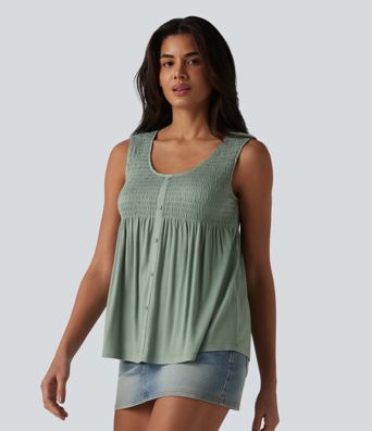 Round Neck Shirred Draped Casual Tank Top