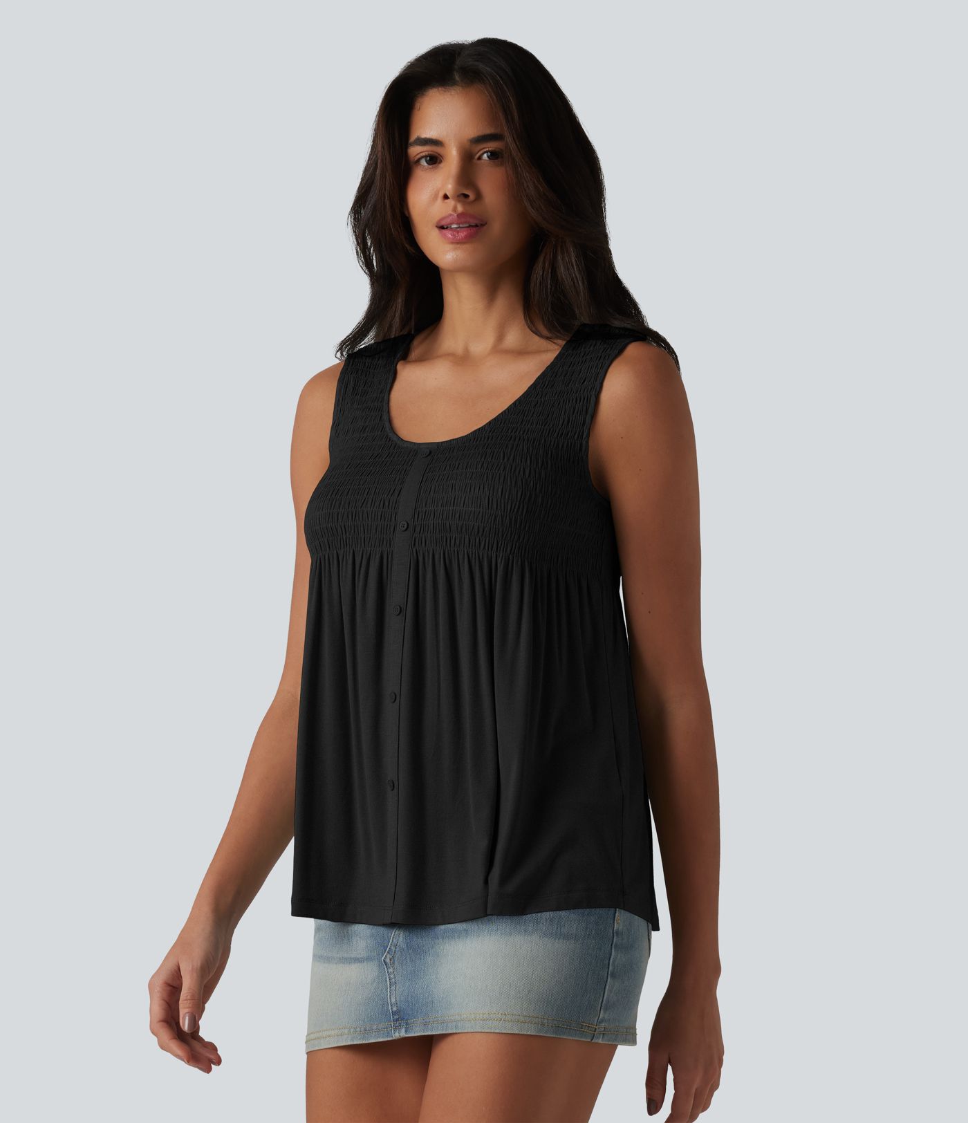 Round Neck Shirred Draped Casual Tank Top