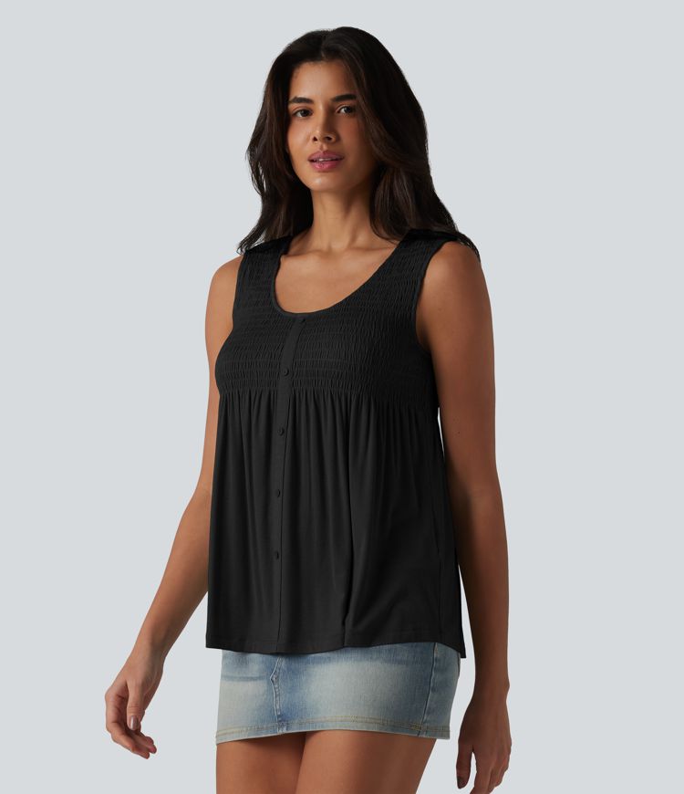 Round Neck Shirred Draped Casual Tank Top