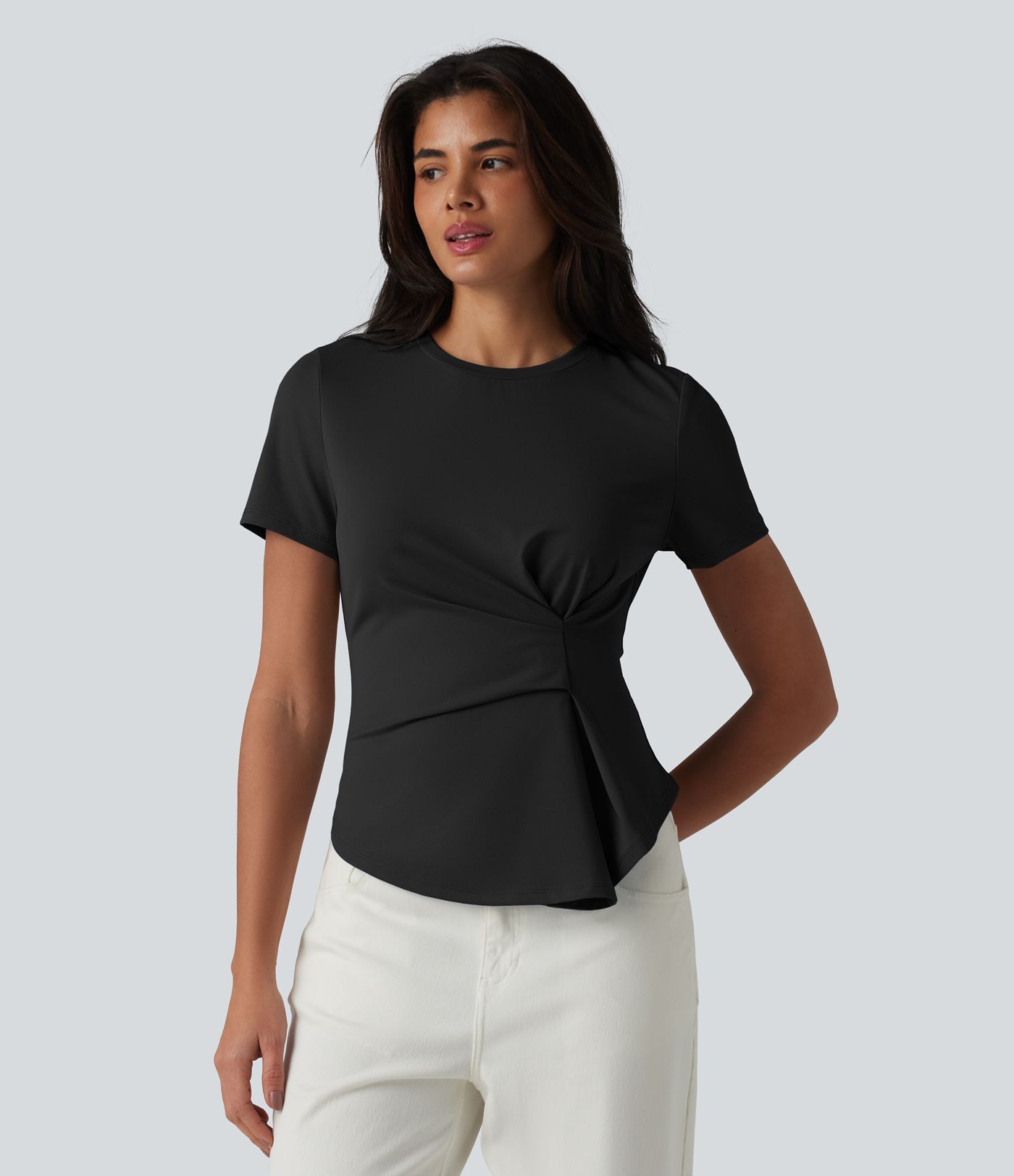 Round Neck Short Sleeve Ruched Asymmetric Hem Casual T-Shirt
