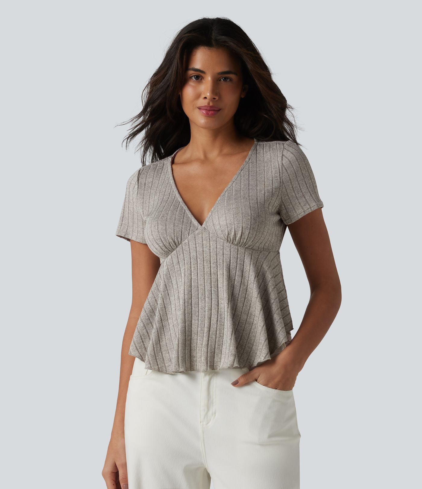 Ribbed Knit V Neck Short Sleeve Ruffle Hem Casual Babydoll T-Shirt