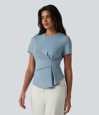 Round Neck Short Sleeve Ruched Asymmetric Hem Casual T-Shirt