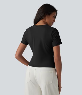 Round Neck Short Sleeve Ruched Asymmetric Hem Casual T-Shirt