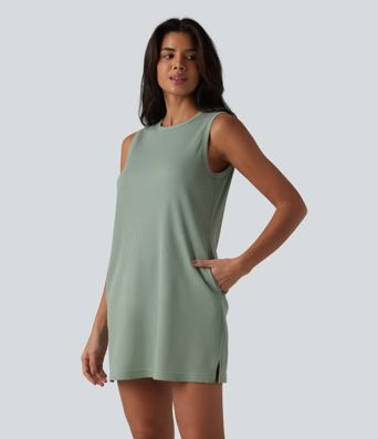 Round Neck Sleeveless Waffle Mini Cotton Dress with Pockets