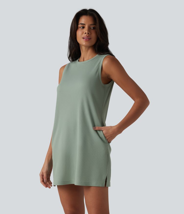 Round Neck Sleeveless Waffle Mini Cotton Dress with Pockets