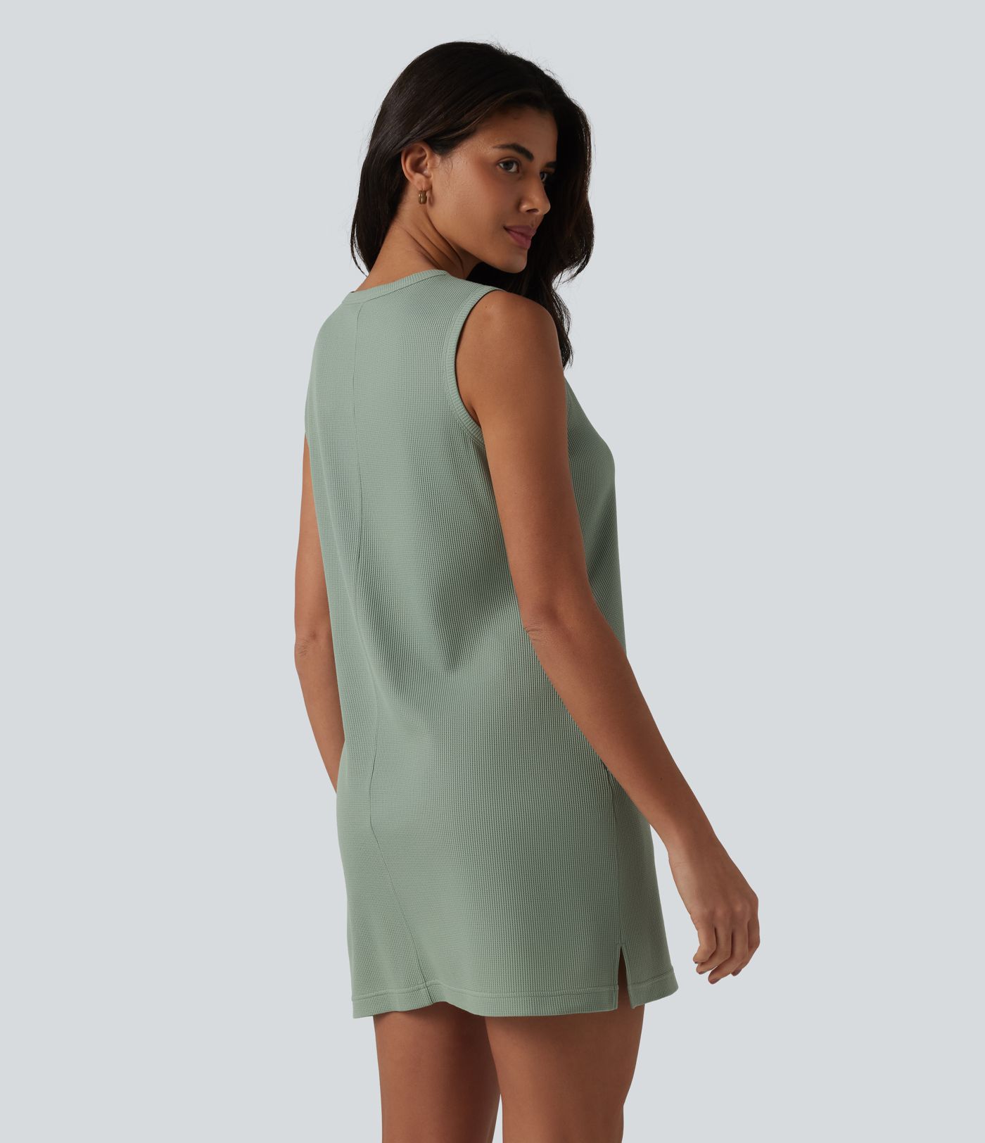 Round Neck Sleeveless Waffle Mini Cotton Dress with Pockets