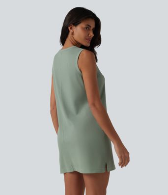 Round Neck Sleeveless Waffle Mini Cotton Dress with Pockets