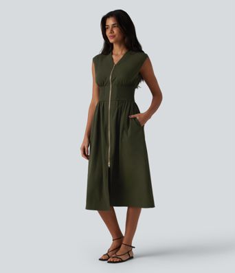 V Neck Sleeveless 2-Way Zipper Midi Work Dress with Pockets