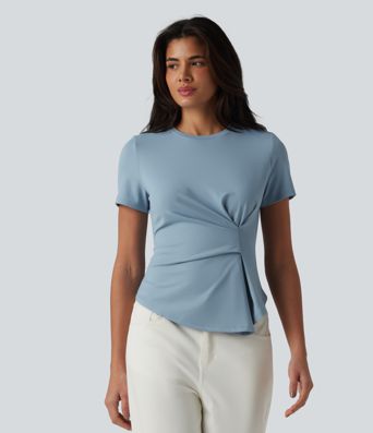 Round Neck Short Sleeve Ruched Asymmetric Hem Casual T-Shirt