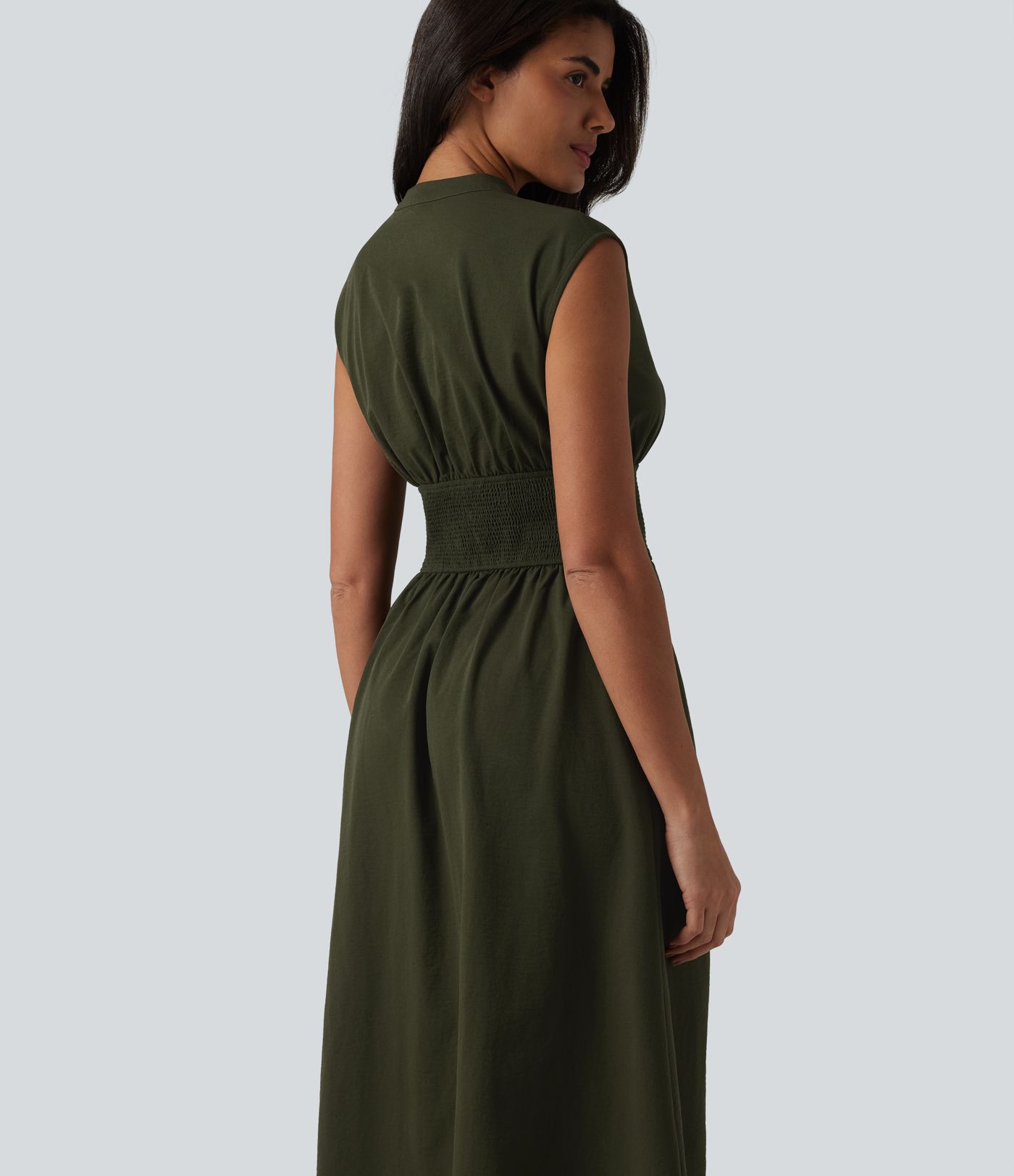 V Neck Sleeveless 2-Way Zipper Midi Work Dress with Pockets