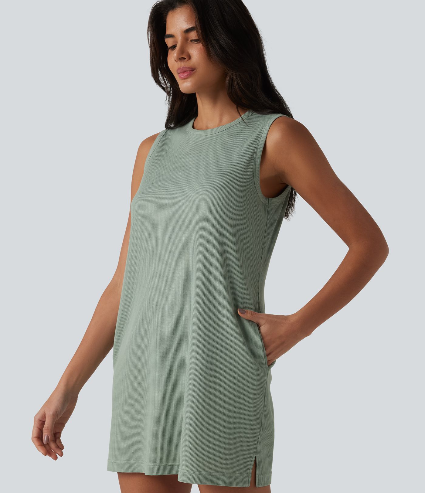 Round Neck Sleeveless Waffle Mini Cotton Dress with Pockets