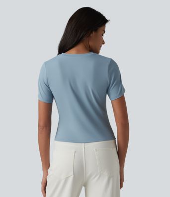 Round Neck Short Sleeve Ruched Asymmetric Hem Casual T-Shirt