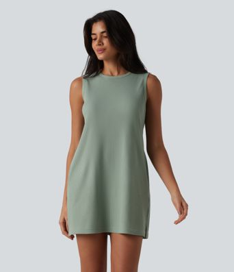 Round Neck Sleeveless Waffle Mini Cotton Dress with Pockets