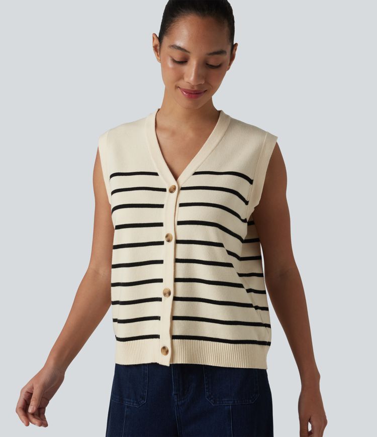 V-neck Button Fly Stripes Casual Sweater Vest
