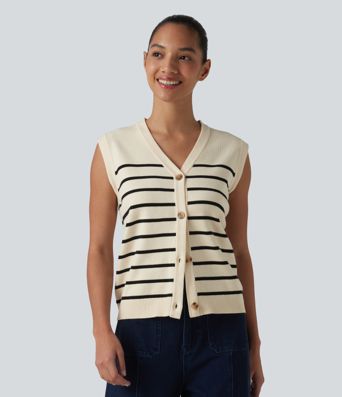 V-neck Button Fly Stripes Casual Sweater Vest