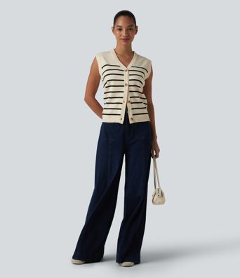 V-neck Button Fly Stripes Casual Sweater Vest