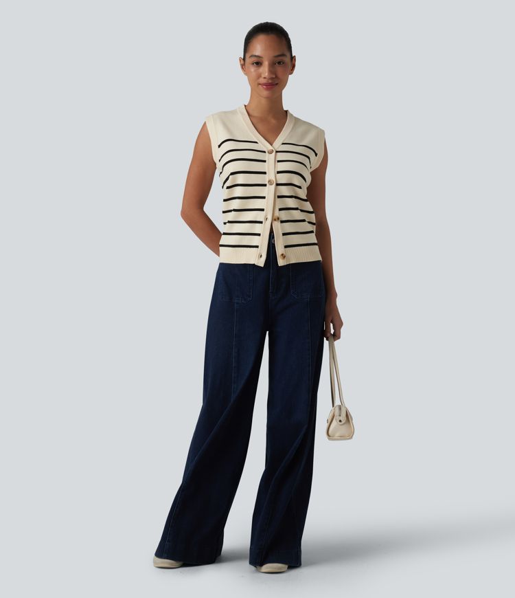 V-neck Button Fly Stripes Casual Sweater Vest