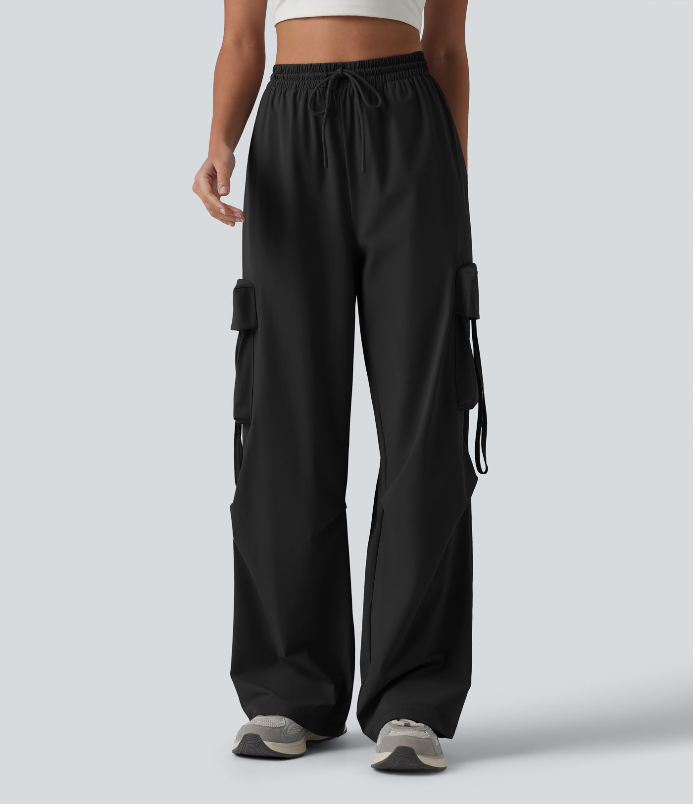 High Waisted Drawstring Quick Dry Cool Touch Workout Straight Leg Cargo Pants with Pockets-UPF40+