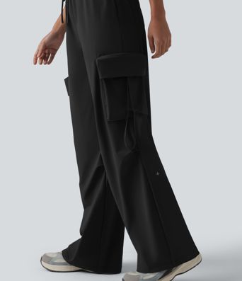 High Waisted Drawstring Quick Dry Cool Touch Workout Straight Leg Cargo Pants with Pockets-UPF40+