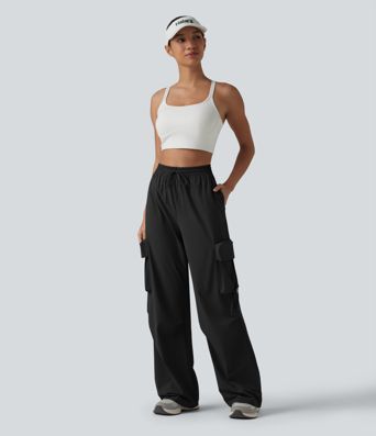 High Waisted Drawstring Quick Dry Cool Touch Workout Straight Leg Cargo Pants with Pockets-UPF40+