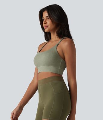 Medium Support Crisscross Backless Built-in Bra Heathered Workout Sports Bra