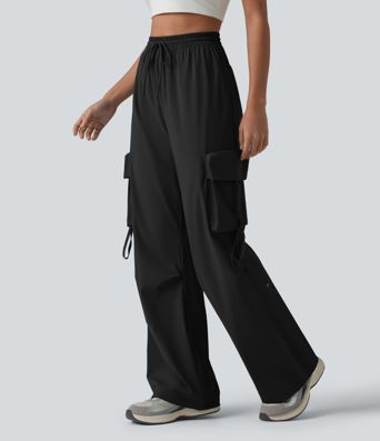 High Waisted Drawstring Quick Dry Cool Touch Workout Straight Leg Cargo Pants with Pockets-UPF40+
